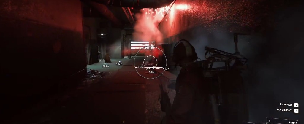 Arc Raiders aimbot reticle locked on target through industrial corridor
