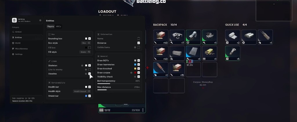 Arc Raiders cheat menu showing ESP entity settings for boxes, skeleton, and health bars