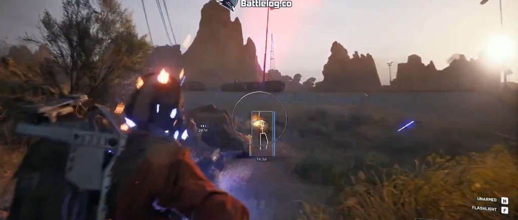 Arc Raiders wallhack wireframe ESP highlighting a player through cover at 14 meters