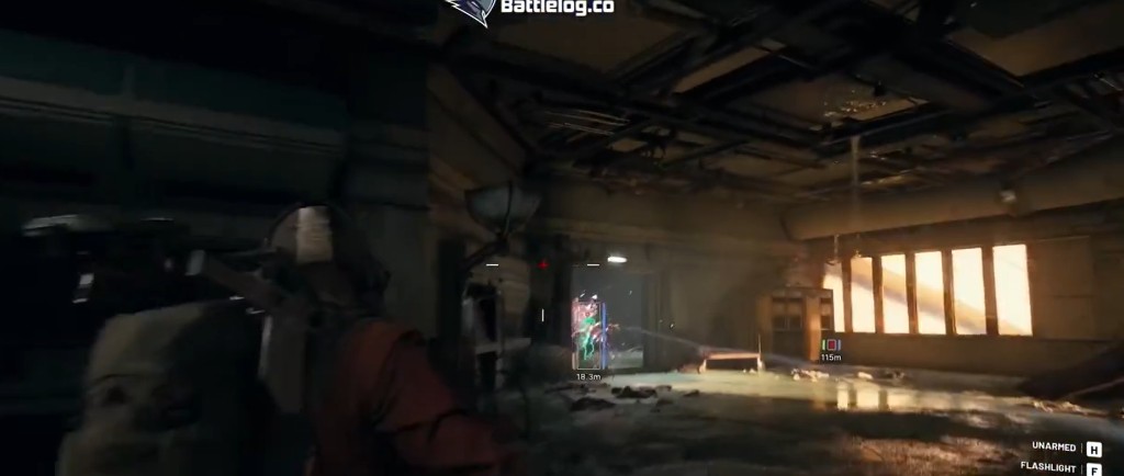 Arc Raiders wallhack showing player box ESP through doorway at 18 meters
