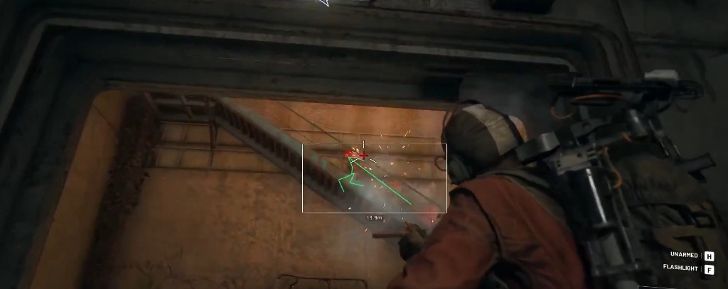 Arc Raiders cheat overlay with skeleton ESP and aim point through cover